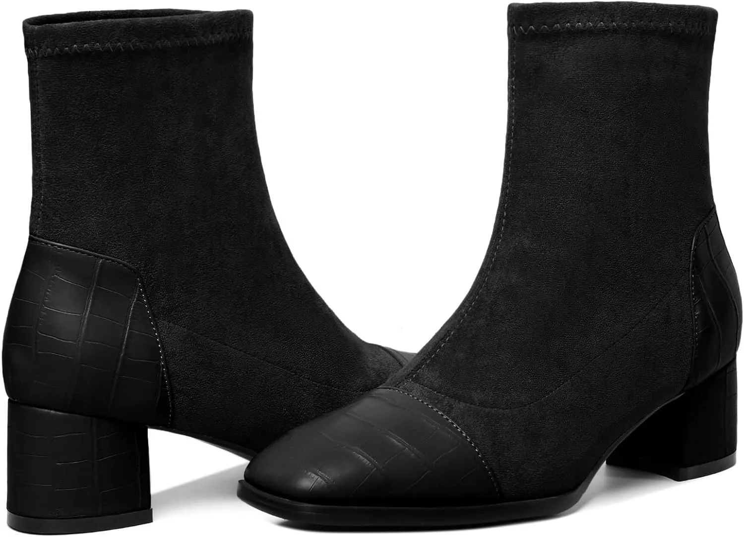 Esvowido Women's Ankle Boots Cap Toe Heels Square Toe Two Toned Block Low Heel Booties Slip on Suede Faux Crocodile Winter Boots