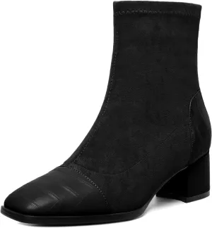 Esvowido Women's Ankle Boots Cap Toe Heels Square Toe Two Toned Block Low Heel Booties Slip on Suede Faux Crocodile Winter Boots