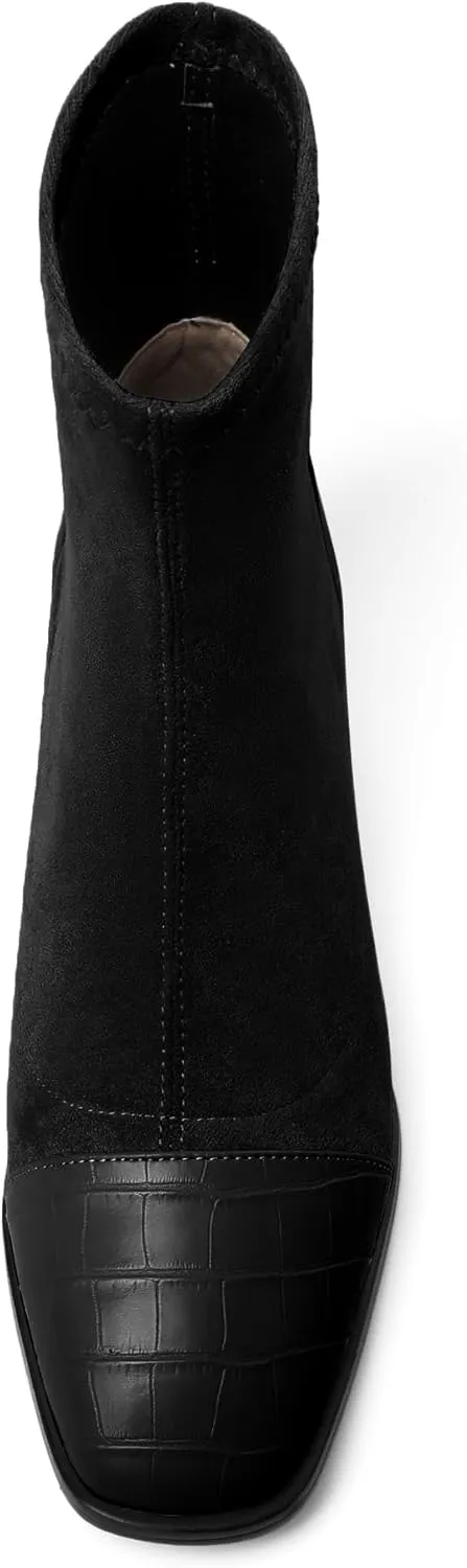 Esvowido Women's Ankle Boots Cap Toe Heels Square Toe Two Toned Block Low Heel Booties Slip on Suede Faux Crocodile Winter Boots