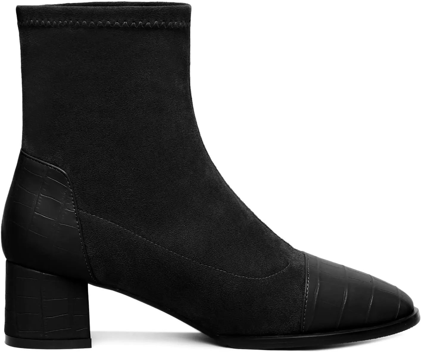 Esvowido Women's Ankle Boots Cap Toe Heels Square Toe Two Toned Block Low Heel Booties Slip on Suede Faux Crocodile Winter Boots
