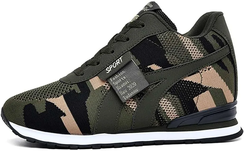 ESXGED Women's Fashion Camouflage Platform Canvas Sneakers Girl's Invisible Wedges Increase Heel Mesh-Cloth Casual Shoes