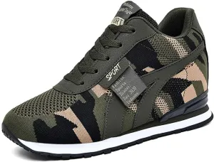 ESXGED Women's Fashion Camouflage Platform Canvas Sneakers Girl's Invisible Wedges Increase Heel Mesh-Cloth Casual Shoes