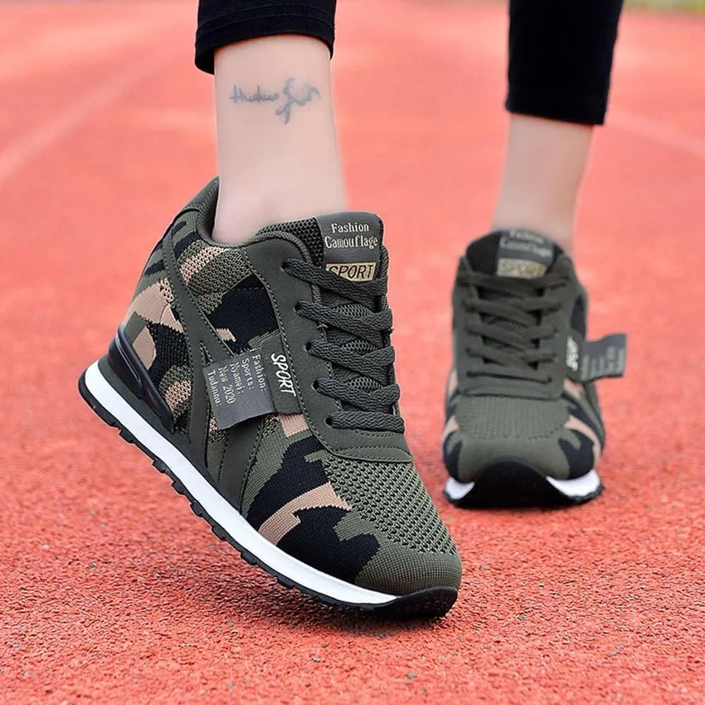 ESXGED Women's Fashion Camouflage Platform Canvas Sneakers Girl's Invisible Wedges Increase Heel Mesh-Cloth Casual Shoes