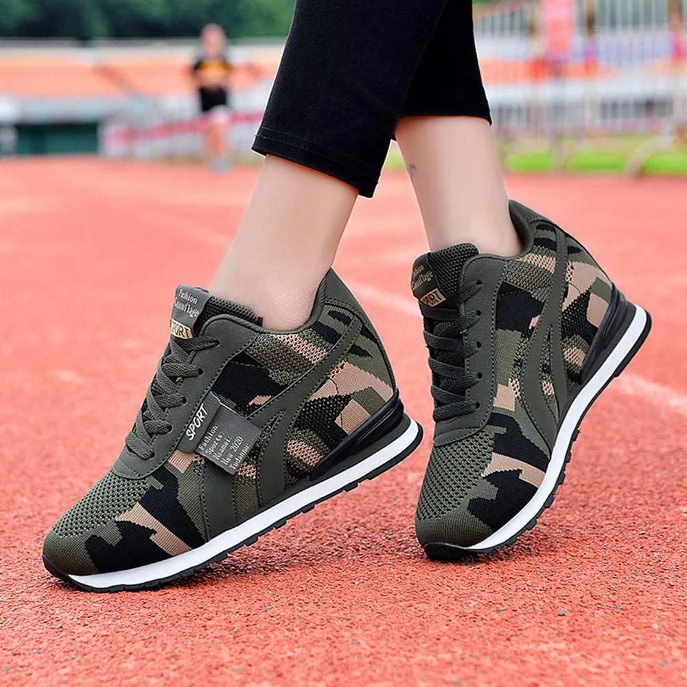 ESXGED Women's Fashion Camouflage Platform Canvas Sneakers Girl's Invisible Wedges Increase Heel Mesh-Cloth Casual Shoes
