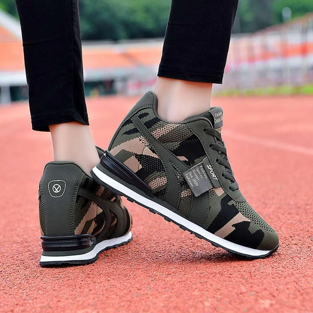 ESXGED Women's Fashion Camouflage Platform Canvas Sneakers Girl's Invisible Wedges Increase Heel Mesh-Cloth Casual Shoes