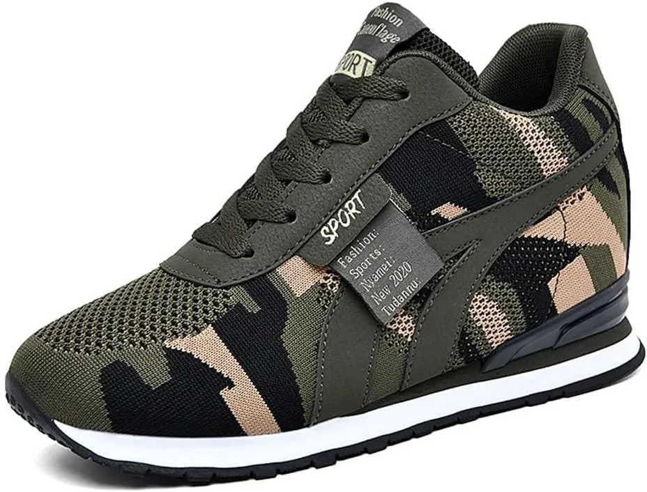 ESXGED Women's Fashion Camouflage Platform Canvas Sneakers Girl's Invisible Wedges Increase Heel Mesh-Cloth Casual Shoes