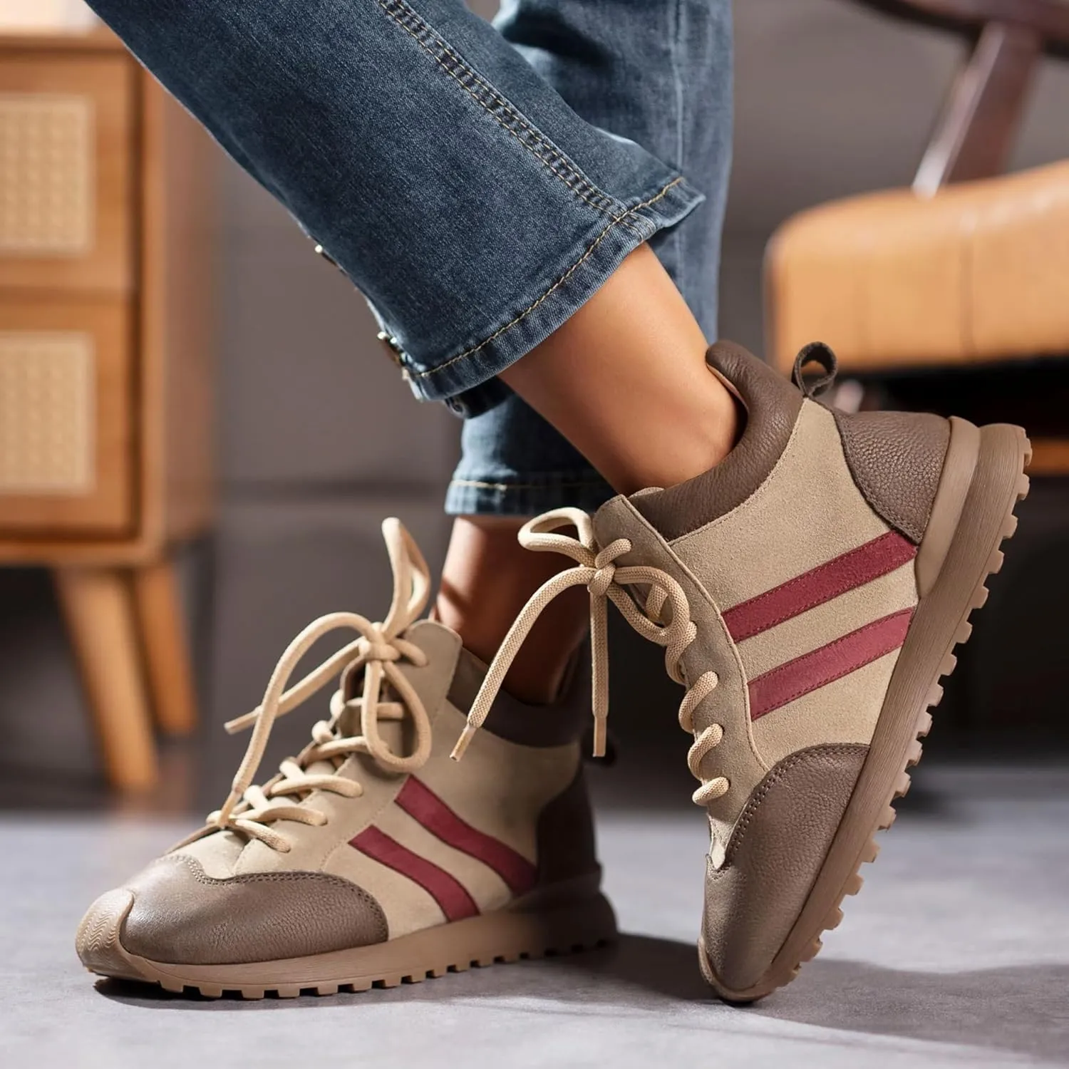 Fashion Sneakers for Women, Lace Up Walking Shoes Genuine Leather Patchwork, High Top Oxford Rubber Comfortable Durable Non-Slip Men Unisex