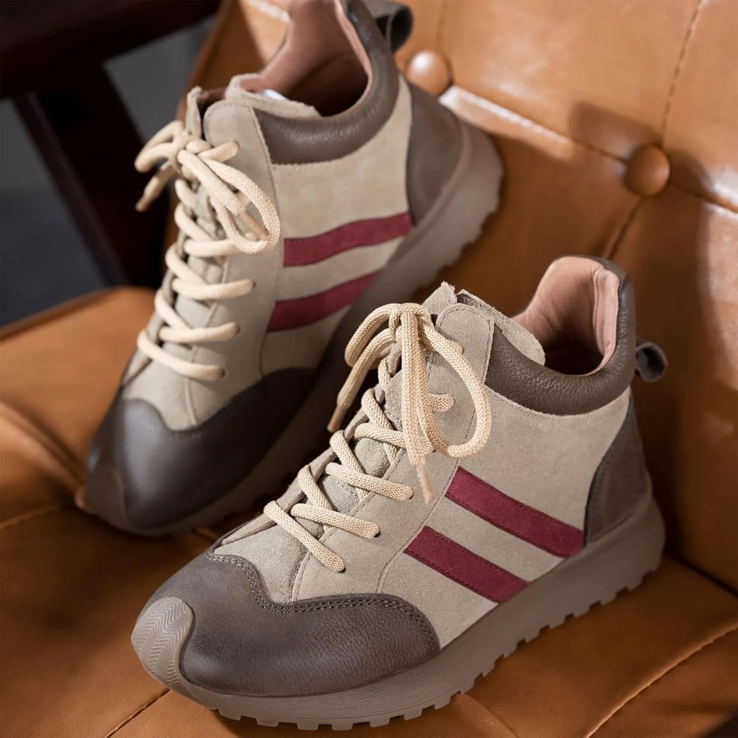 Fashion Sneakers for Women, Lace Up Walking Shoes Genuine Leather Patchwork, High Top Oxford Rubber Comfortable Durable Non-Slip Men Unisex