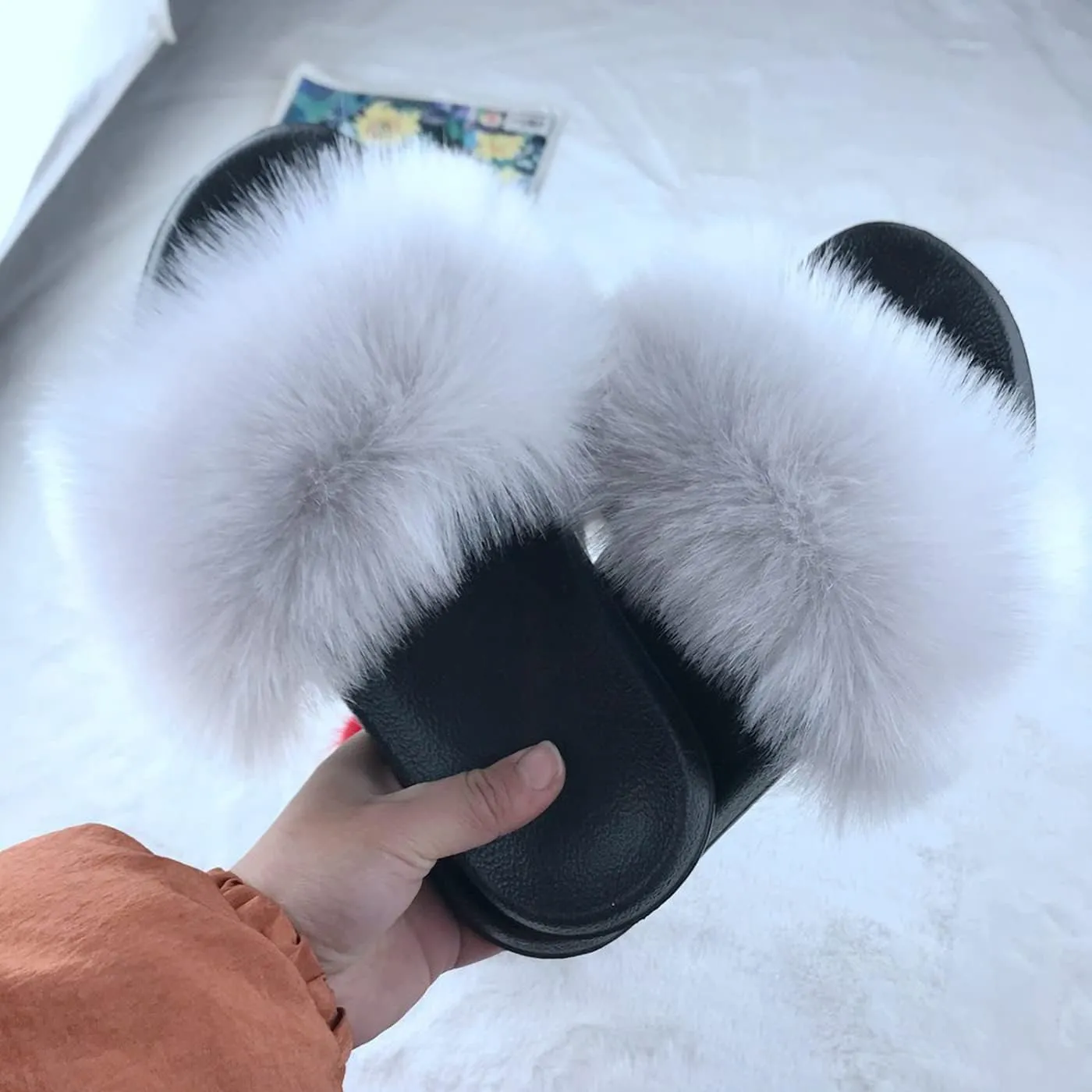 Fashion Women's Fur Flats slides sandals Slippers Furry Fuzzy Cozy Open Toe Fluffy Slides Slippers Fur Feather Slip On Shoes