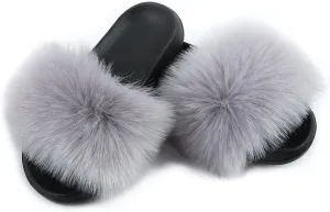 Fashion Women's Fur Flats slides sandals Slippers Furry Fuzzy Cozy Open Toe Fluffy Slides Slippers Fur Feather Slip On Shoes