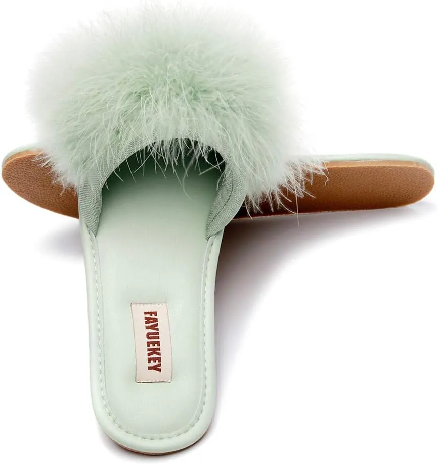 FAYUEKEY Women Fur Sexy Slippers Spring Summer Fluffy Cute PU Comfy Slides Sandals Indoor Outdoor Flats Shoes