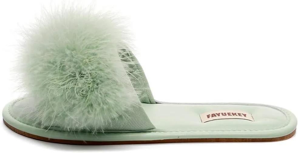 FAYUEKEY Women Fur Sexy Slippers Spring Summer Fluffy Cute PU Comfy Slides Sandals Indoor Outdoor Flats Shoes