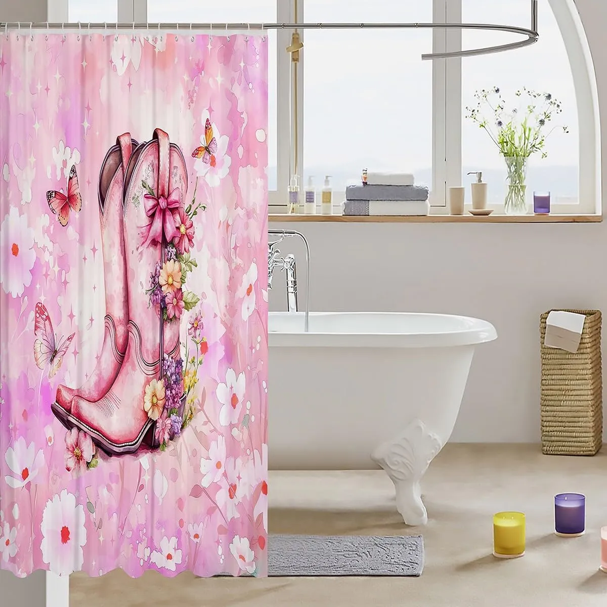 Feelyou Cowboy Boots Bath Curtain Cowgirl Bathroom Shower Curtain Set for Kids Boys Girls Western Shower Curtain Pink Floral Kids Bathroom Accessories 72"x84"
