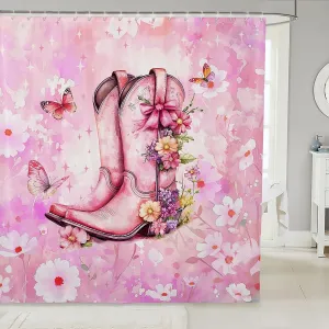 Feelyou Cowboy Boots Bath Curtain Cowgirl Bathroom Shower Curtain Set for Kids Boys Girls Western Shower Curtain Pink Floral Kids Bathroom Accessories 72"x84"