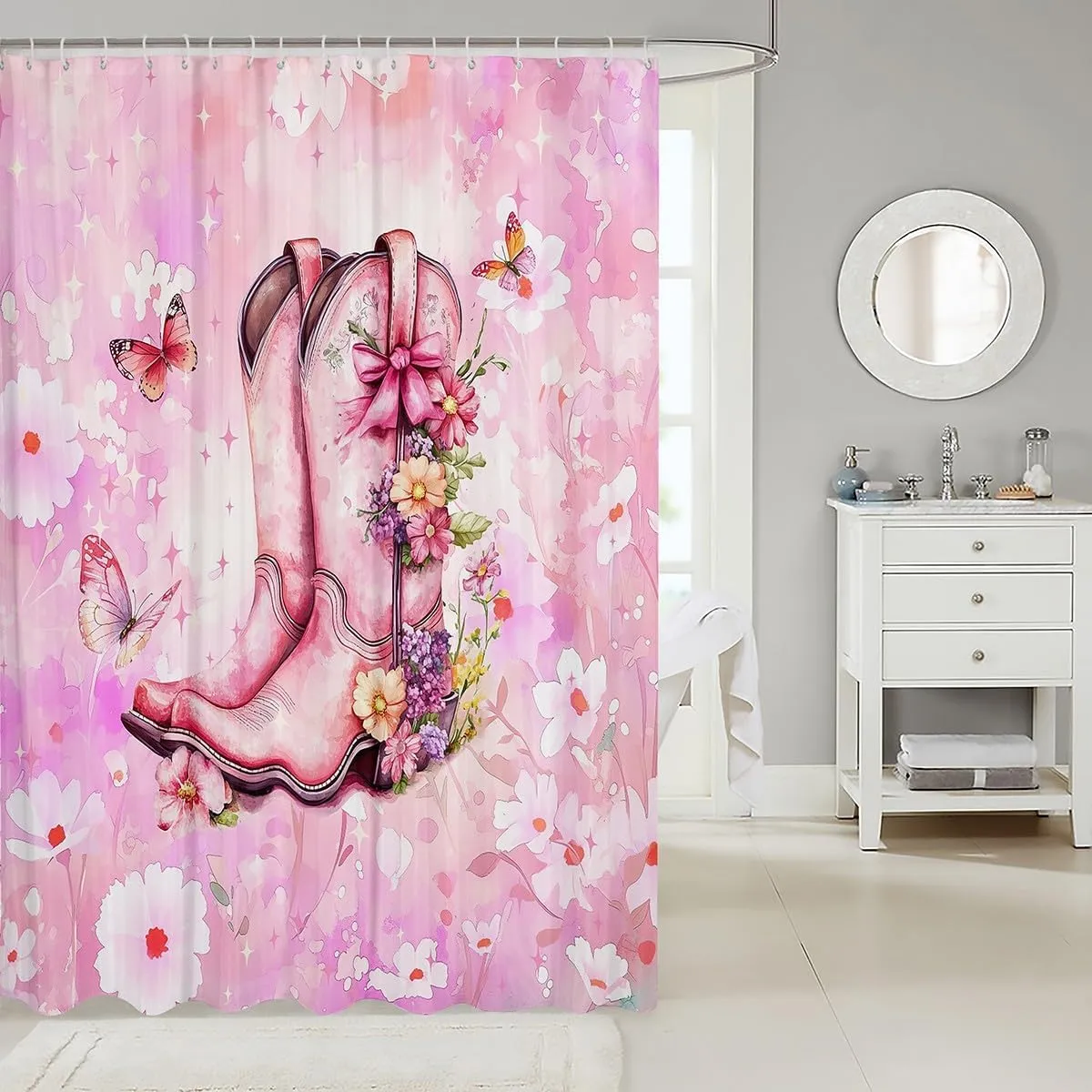 Feelyou Cowboy Boots Bath Curtain Cowgirl Bathroom Shower Curtain Set for Kids Boys Girls Western Shower Curtain Pink Floral Kids Bathroom Accessories 72"x84"