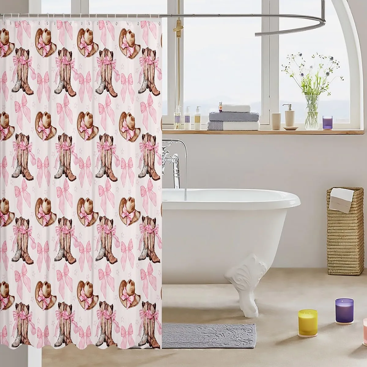 Feelyou Cute Bow Shower Curtain 72"x78" Kids Western Bow Bathroom Shower Curtain Set for Boys Teens Boots Bath Curtain Waterproof Cute Bowknot Kids Bathroom Accessories Kawaii