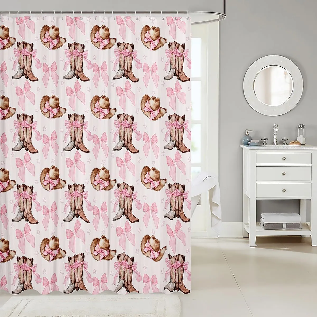 Feelyou Cute Bow Shower Curtain 72"x78" Kids Western Bow Bathroom Shower Curtain Set for Boys Teens Boots Bath Curtain Waterproof Cute Bowknot Kids Bathroom Accessories Kawaii