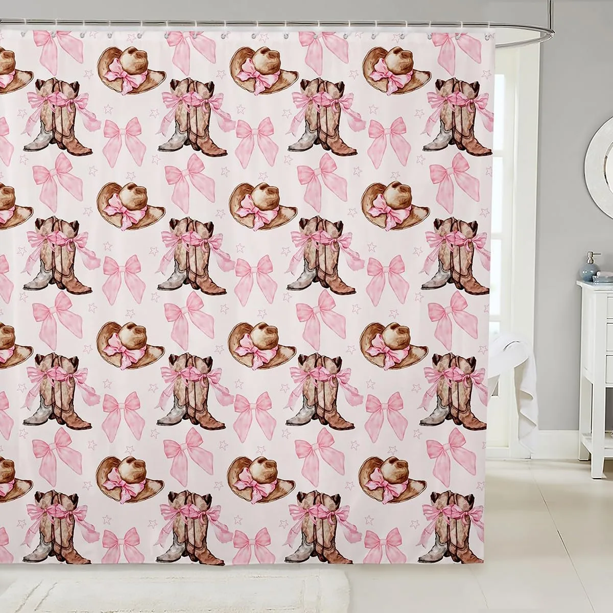 Feelyou Cute Bow Shower Curtain 72"x78" Kids Western Bow Bathroom Shower Curtain Set for Boys Teens Boots Bath Curtain Waterproof Cute Bowknot Kids Bathroom Accessories Kawaii