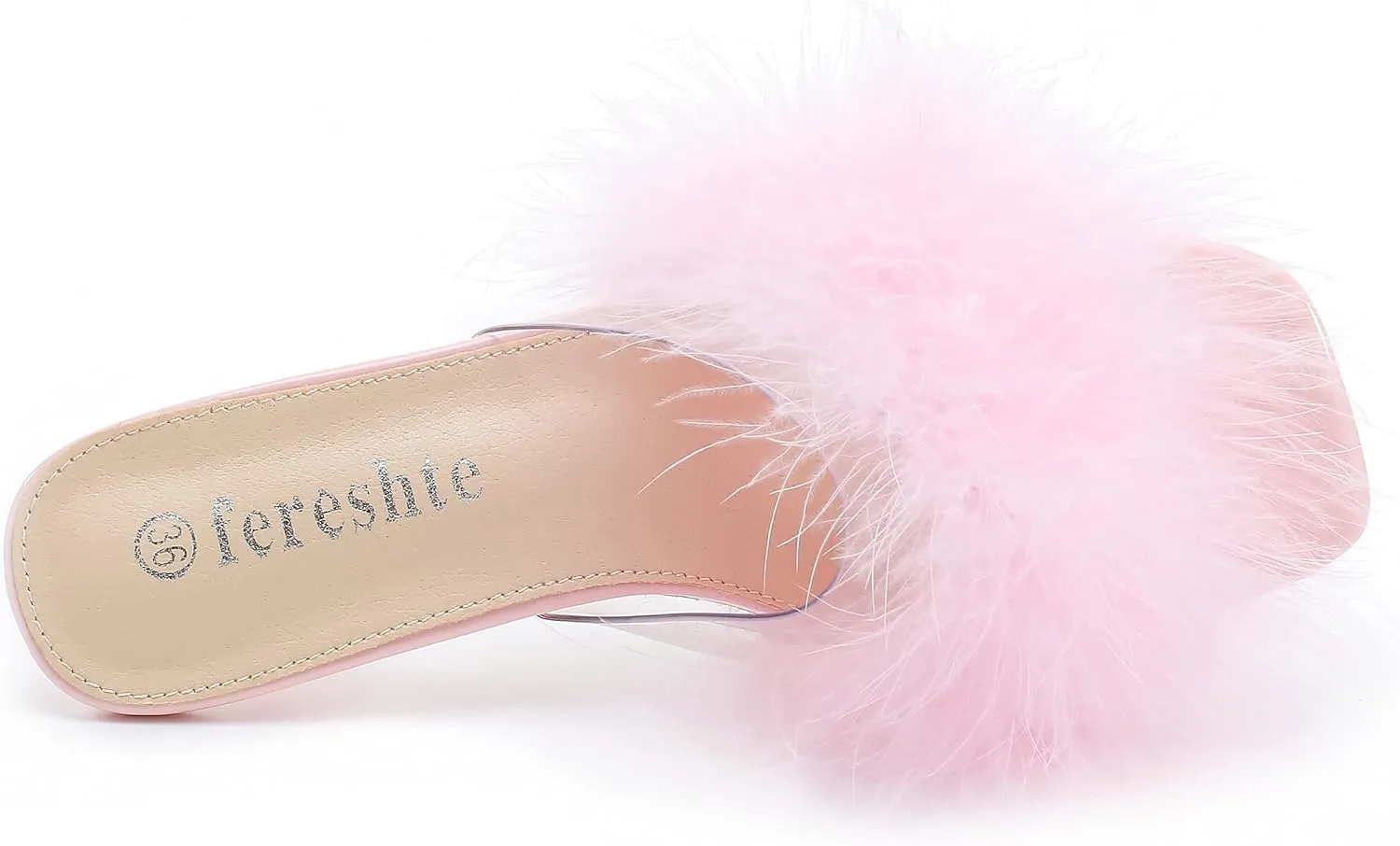 fereshte Women's Feather Heels Sandals Fluffy Fur Clear Strap Slip On Square Toe Kitten Mules