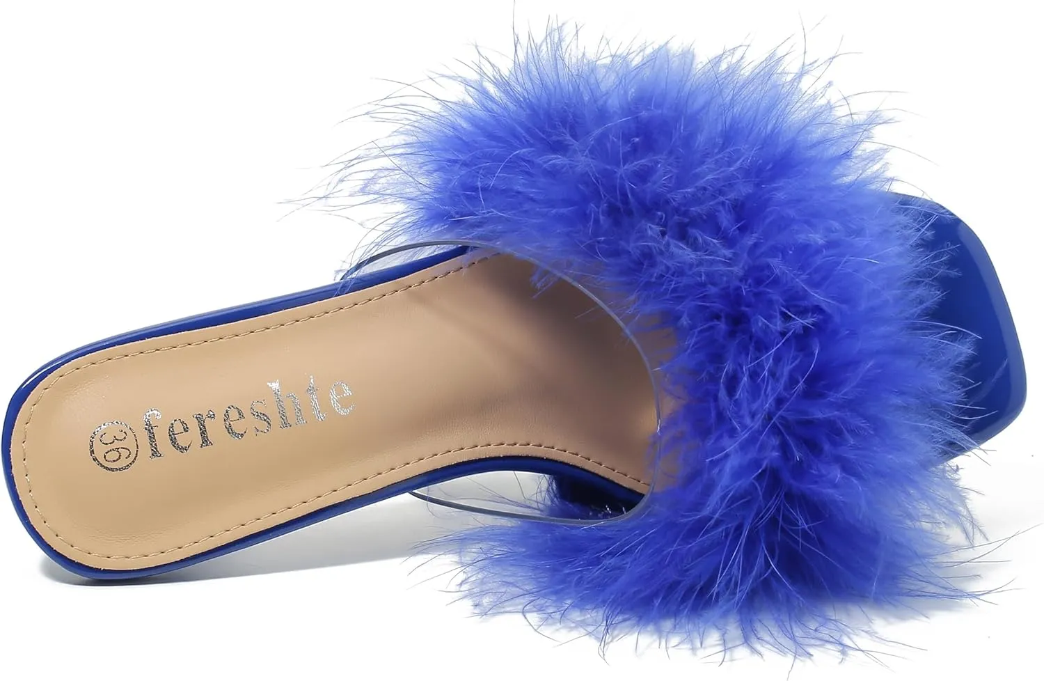 fereshte Women's Feather Heels Sandals Fluffy Fur Clear Strap Slip On Square Toe Kitten Mules