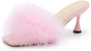 fereshte Women's Feather Heels Sandals Fluffy Fur Clear Strap Slip On Square Toe Kitten Mules