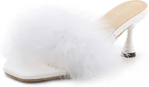 fereshte Women's Feather Heels Sandals Fluffy Fur Clear Strap Slip On Square Toe Kitten Mules