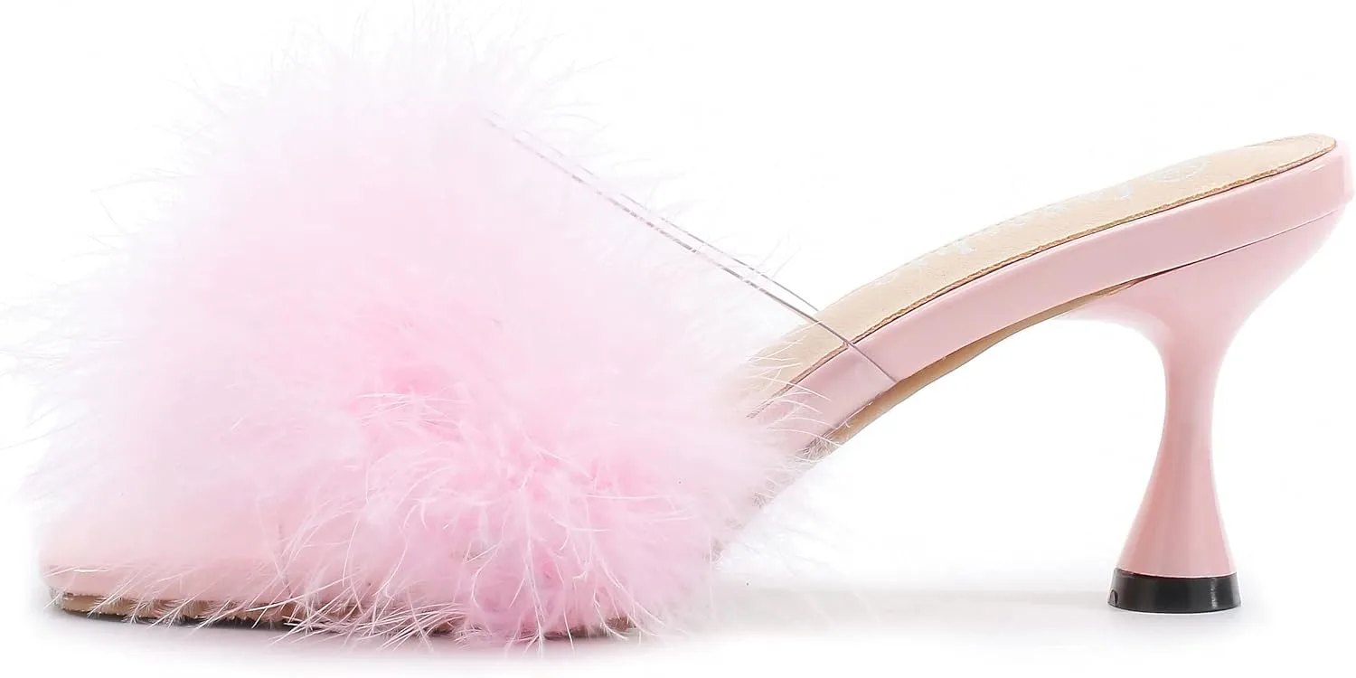 fereshte Women's Feather Heels Sandals Fluffy Fur Clear Strap Slip On Square Toe Kitten Mules
