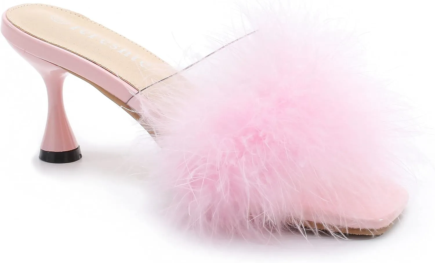 fereshte Women's Feather Heels Sandals Fluffy Fur Clear Strap Slip On Square Toe Kitten Mules