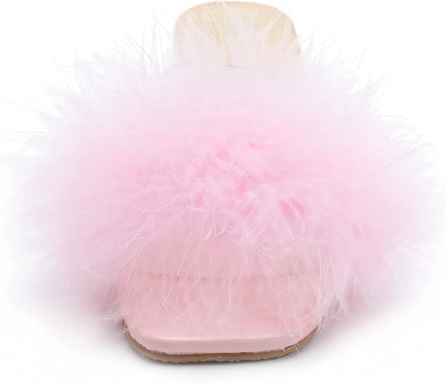 fereshte Women's Feather Heels Sandals Fluffy Fur Clear Strap Slip On Square Toe Kitten Mules