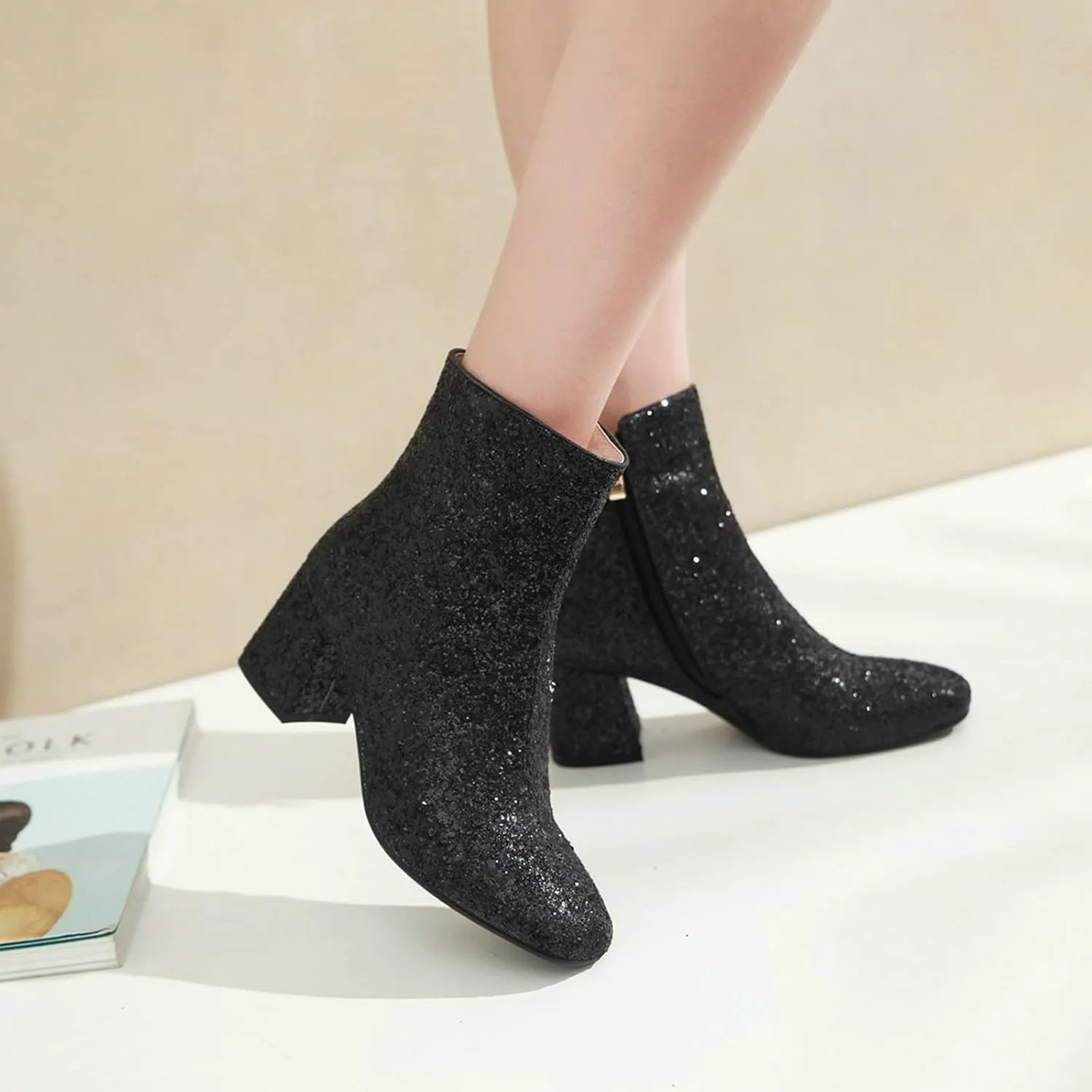 FIFSY Women Sparkly Ankle Boots Sequin Glitter Booties Chunky High Heels