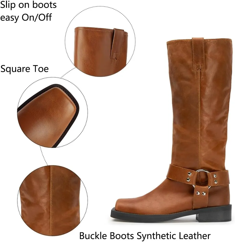 FIFSY Women's Knee High Boots Slip On Riding Boots Buckle Boots for Women Sexy Squared Toe Low Chunky High Heel Tall Motorcycle Boots Women's Low Heel 1-2" Boots Dance Party Booties