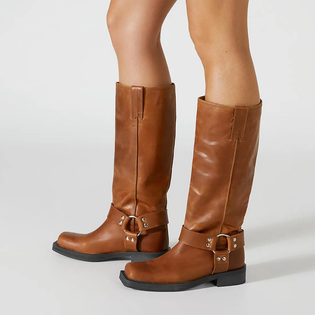 FIFSY Women's Knee High Boots Slip On Riding Boots Buckle Boots for Women Sexy Squared Toe Low Chunky High Heel Tall Motorcycle Boots Women's Low Heel 1-2" Boots Dance Party Booties