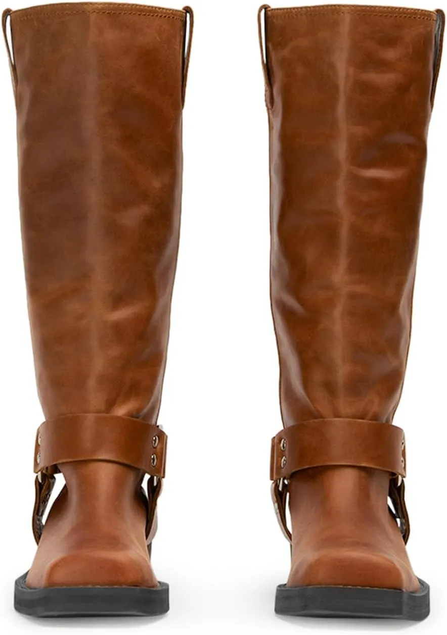 FIFSY Women's Knee High Boots Slip On Riding Boots Buckle Boots for Women Sexy Squared Toe Low Chunky High Heel Tall Motorcycle Boots Women's Low Heel 1-2" Boots Dance Party Booties