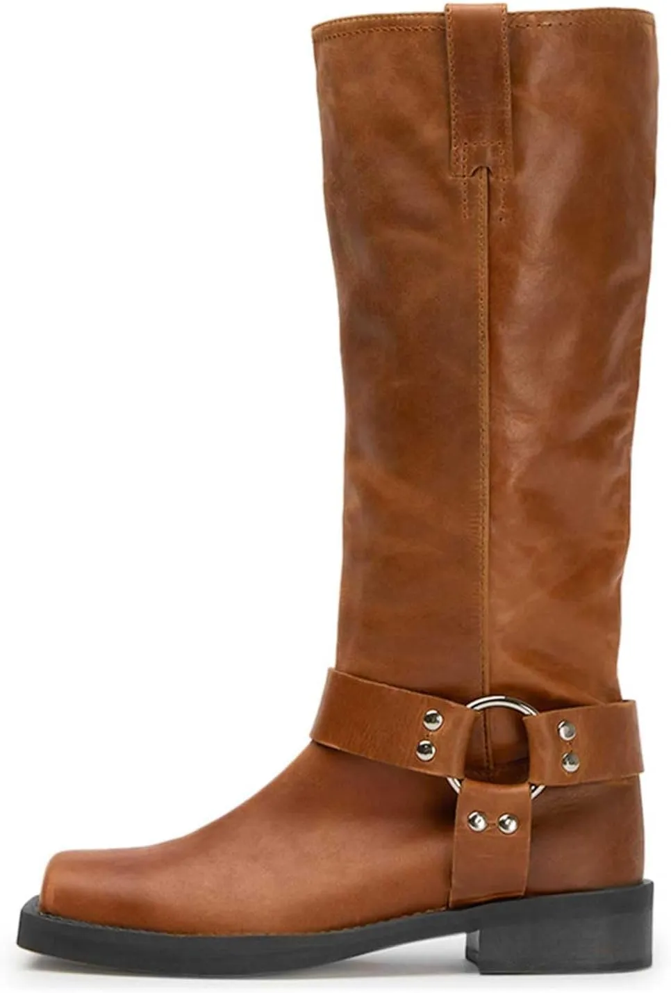 FIFSY Women's Knee High Boots Slip On Riding Boots Buckle Boots for Women Sexy Squared Toe Low Chunky High Heel Tall Motorcycle Boots Women's Low Heel 1-2" Boots Dance Party Booties