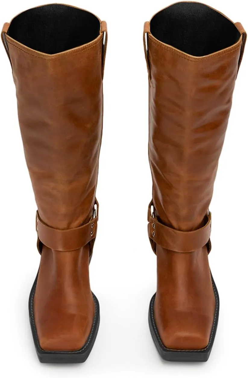 FIFSY Women's Knee High Boots Slip On Riding Boots Buckle Boots for Women Sexy Squared Toe Low Chunky High Heel Tall Motorcycle Boots Women's Low Heel 1-2" Boots Dance Party Booties
