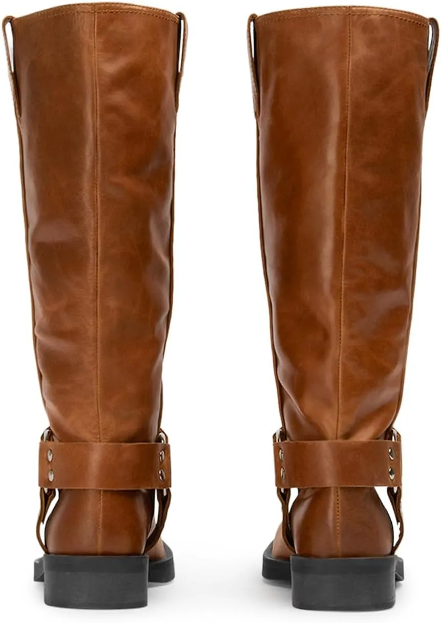 FIFSY Women's Knee High Boots Slip On Riding Boots Buckle Boots for Women Sexy Squared Toe Low Chunky High Heel Tall Motorcycle Boots Women's Low Heel 1-2" Boots Dance Party Booties