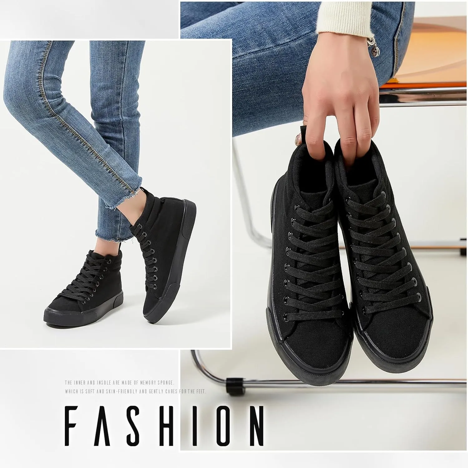 FINIWOR Womens High top Sneakers Canvas Shoes Lace up Black Sneakers Casual Shoes for Women