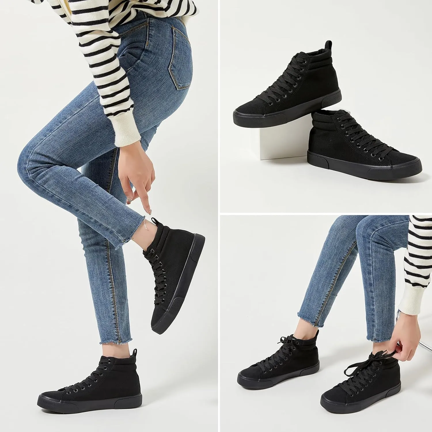 FINIWOR Womens High top Sneakers Canvas Shoes Lace up Black Sneakers Casual Shoes for Women