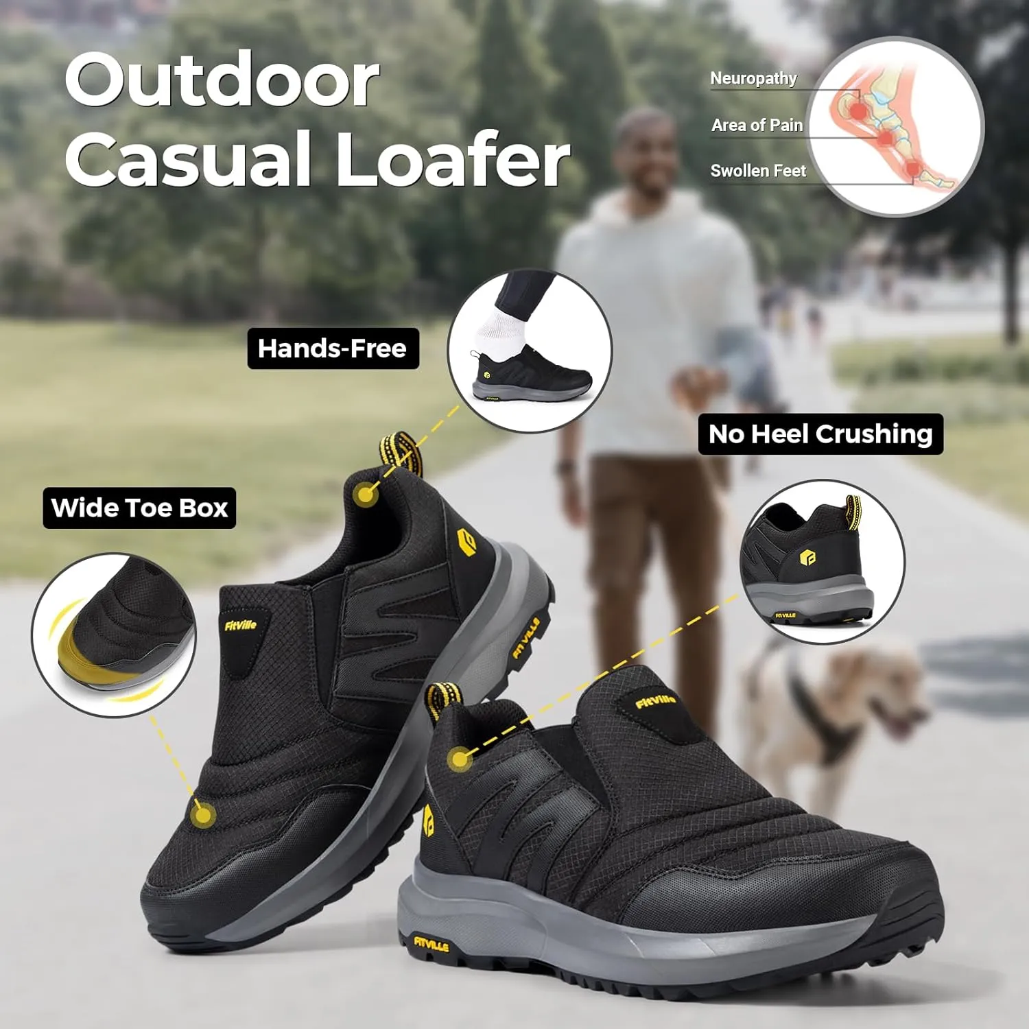 FitVille Men's Wide Trails Hiking Shoes for Men, Slip on Walking Shoes Trekking Hiking Sneakers with Arch Support