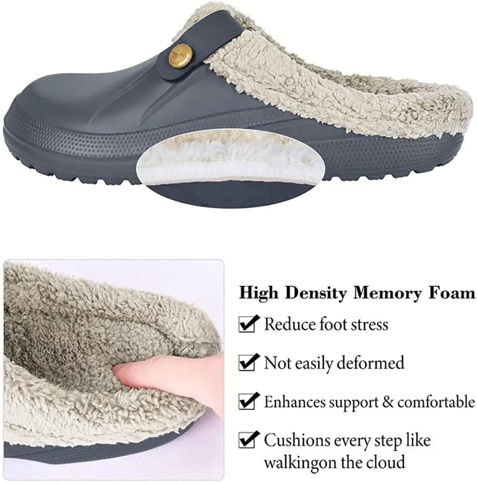 Fleece Lined Clogs Fur Fuzzy Fluffy Waterproof Slippers Women Men Winter Garden Shoes Warm House Slippers Indoor Outdoor Mules
