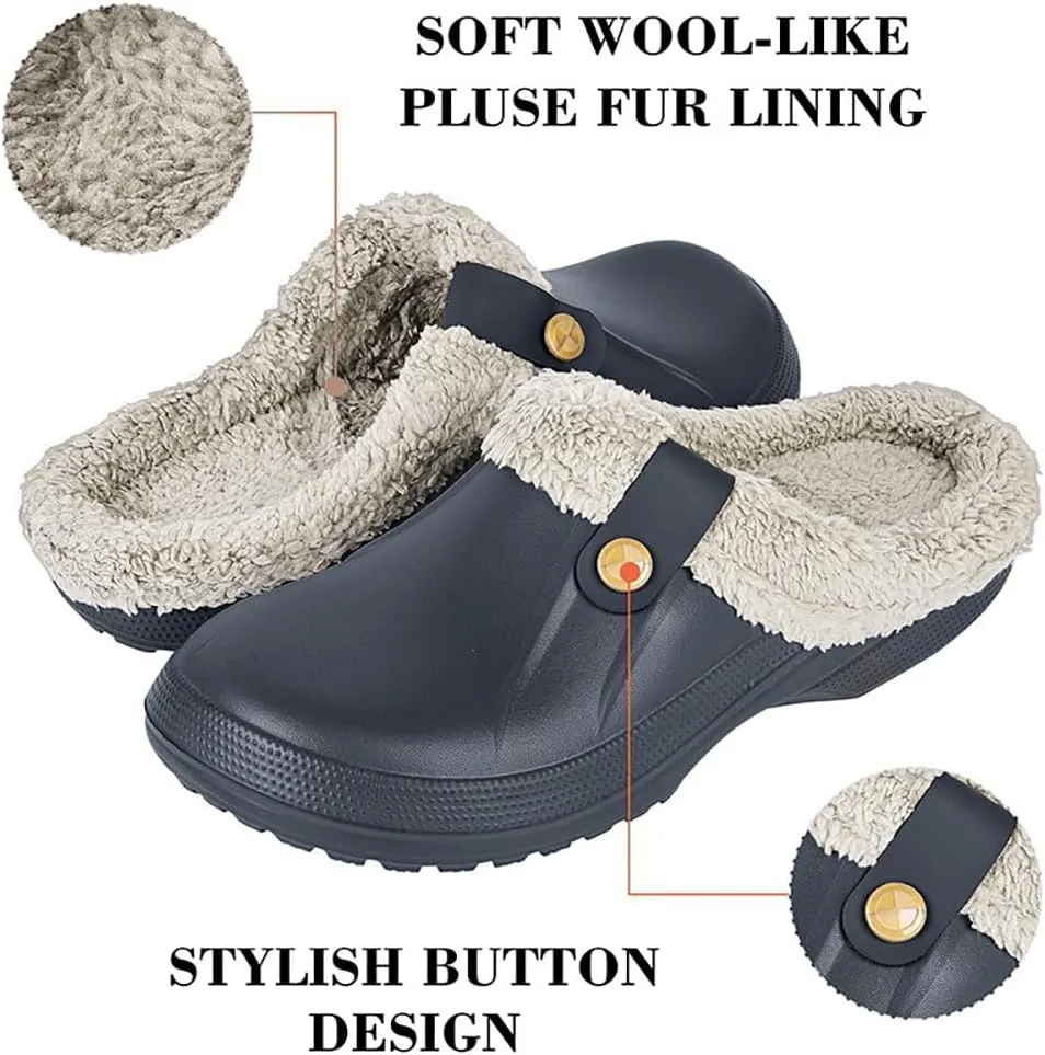 Fleece Lined Clogs Fur Fuzzy Fluffy Waterproof Slippers Women Men Winter Garden Shoes Warm House Slippers Indoor Outdoor Mules