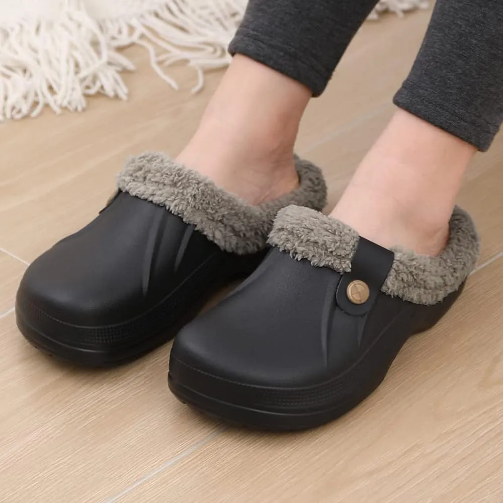 Fleece Lined Clogs Fur Fuzzy Fluffy Waterproof Slippers Women Men Winter Garden Shoes Warm House Slippers Indoor Outdoor Mules