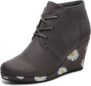 FOWT Wedge Round Closed Toe Ankle Boots for Women Lace-up High Heel Platform Short Booties Faux Suede Pumps Elegant Retro Fall Winter Shoes for Ladies Party Daily Wear Full Size 4-15 M US