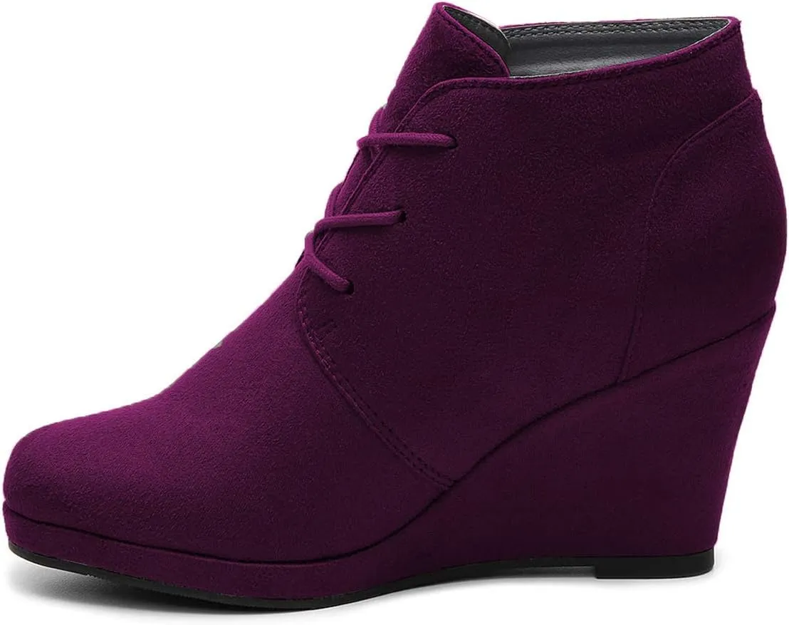 FOWT Wedge Round Closed Toe Ankle Boots for Women Lace-up High Heel Platform Short Booties Faux Suede Pumps Elegant Retro Fall Winter Shoes for Ladies Party Daily Wear Full Size 4-15 M US