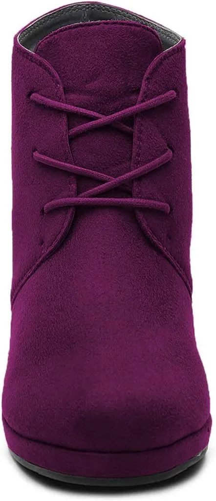 FOWT Wedge Round Closed Toe Ankle Boots for Women Lace-up High Heel Platform Short Booties Faux Suede Pumps Elegant Retro Fall Winter Shoes for Ladies Party Daily Wear Full Size 4-15 M US