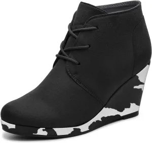 FOWT Wedge Round Closed Toe Ankle Boots for Women Lace-up High Heel Platform Short Booties Faux Suede Pumps Elegant Retro Fall Winter Shoes for Ladies Party Daily Wear Full Size 4-15 M US