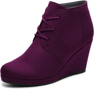 FOWT Wedge Round Closed Toe Ankle Boots for Women Lace-up High Heel Platform Short Booties Faux Suede Pumps Elegant Retro Fall Winter Shoes for Ladies Party Daily Wear Full Size 4-15 M US