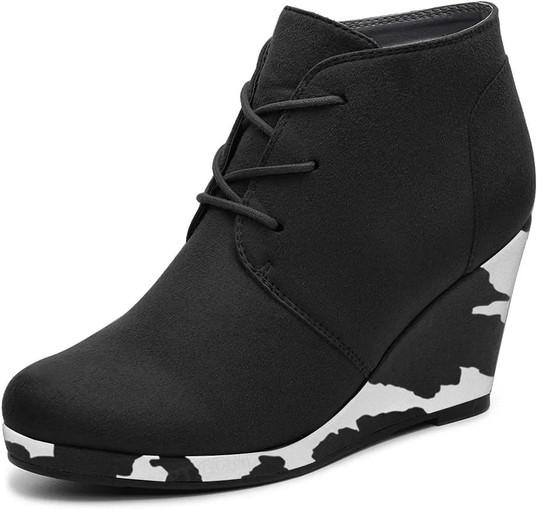 FOWT Wedge Round Closed Toe Ankle Boots for Women Lace-up High Heel Platform Short Booties Faux Suede Pumps Elegant Retro Fall Winter Shoes for Ladies Party Daily Wear Full Size 4-15 M US