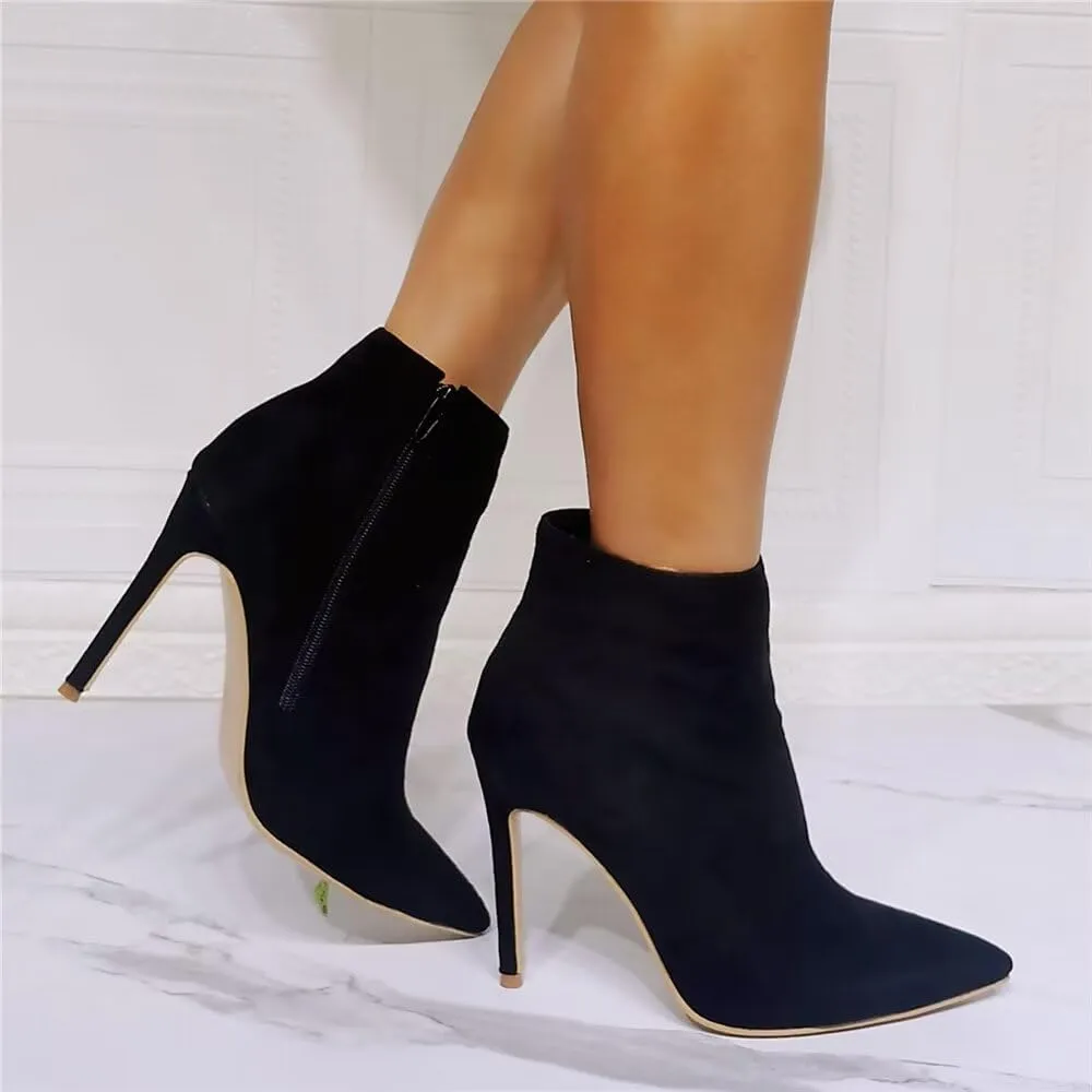 Frankie Hsu Big Size US4-14 Stiletto High Heeled Ankle Boots, Sexy Black Faux Suede Thin Pencil Bootie, Fashion Designer Elegant Dressy Short Shoes For Women