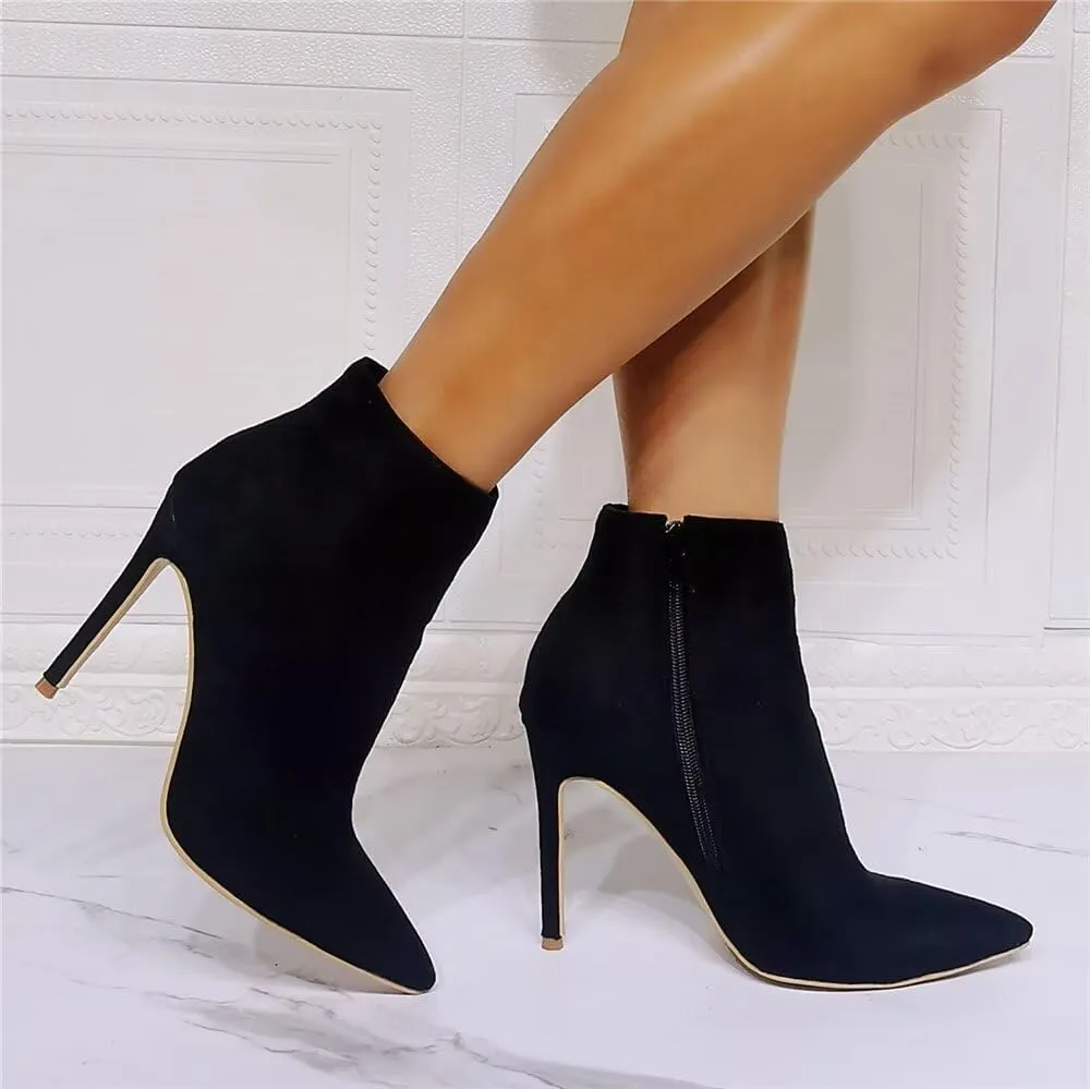 Frankie Hsu Big Size US4-14 Stiletto High Heeled Ankle Boots, Sexy Black Faux Suede Thin Pencil Bootie, Fashion Designer Elegant Dressy Short Shoes For Women